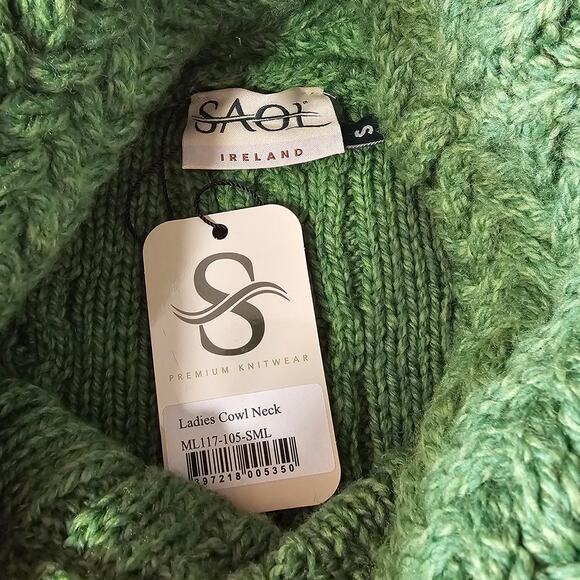 NWT SAOL Green Aran Fisherman Merino Wool Cowl Funnel Neck Cable Knit Sweater S - Picture 10 of 10